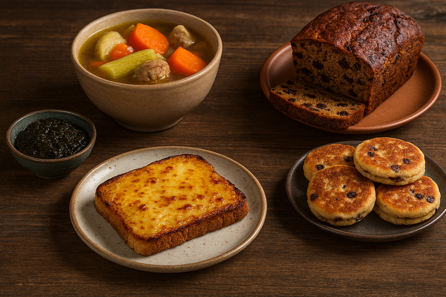 A rustic wooden table with traditional Welsh dishes including Welsh rarebit, cawl stew, bara brith, and Welsh cakes, surrounded by fresh leeks and herbs.